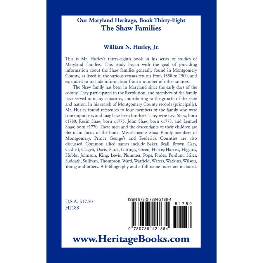 Our Maryland Heritage, Book 38: The Shaw Families back cover