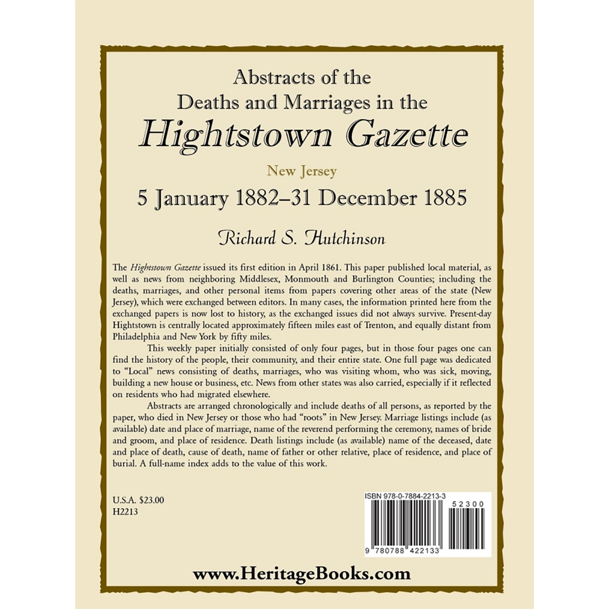 Abstracts of the Deaths and Marriages in the Hightstown Gazette, 5 January 1882-31 December 1885 back cover