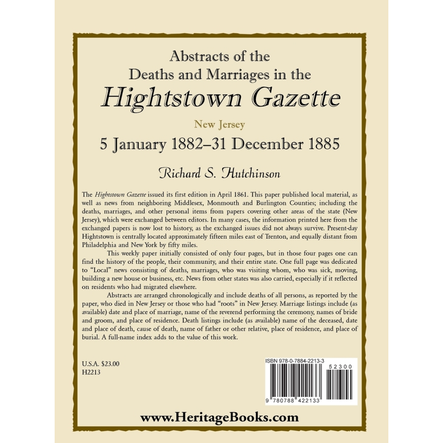 Abstracts of the Deaths and Marriages in the Hightstown Gazette, 5 January 1882-31 December 1885 back cover