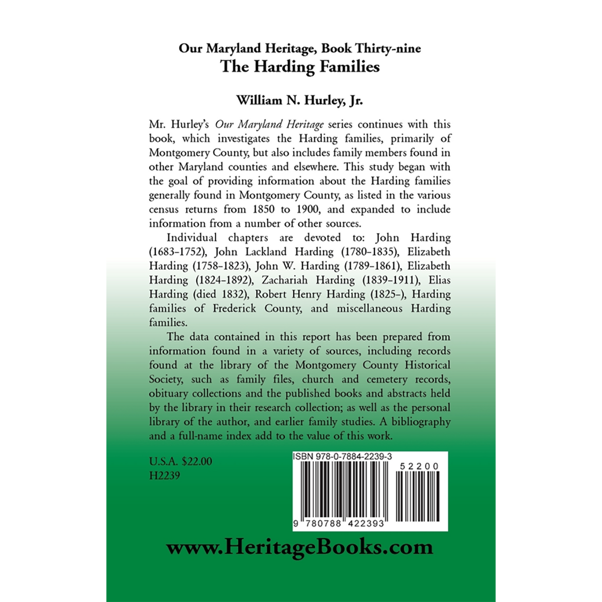 Our Maryland Heritage, Book 39: The Harding Families back cover