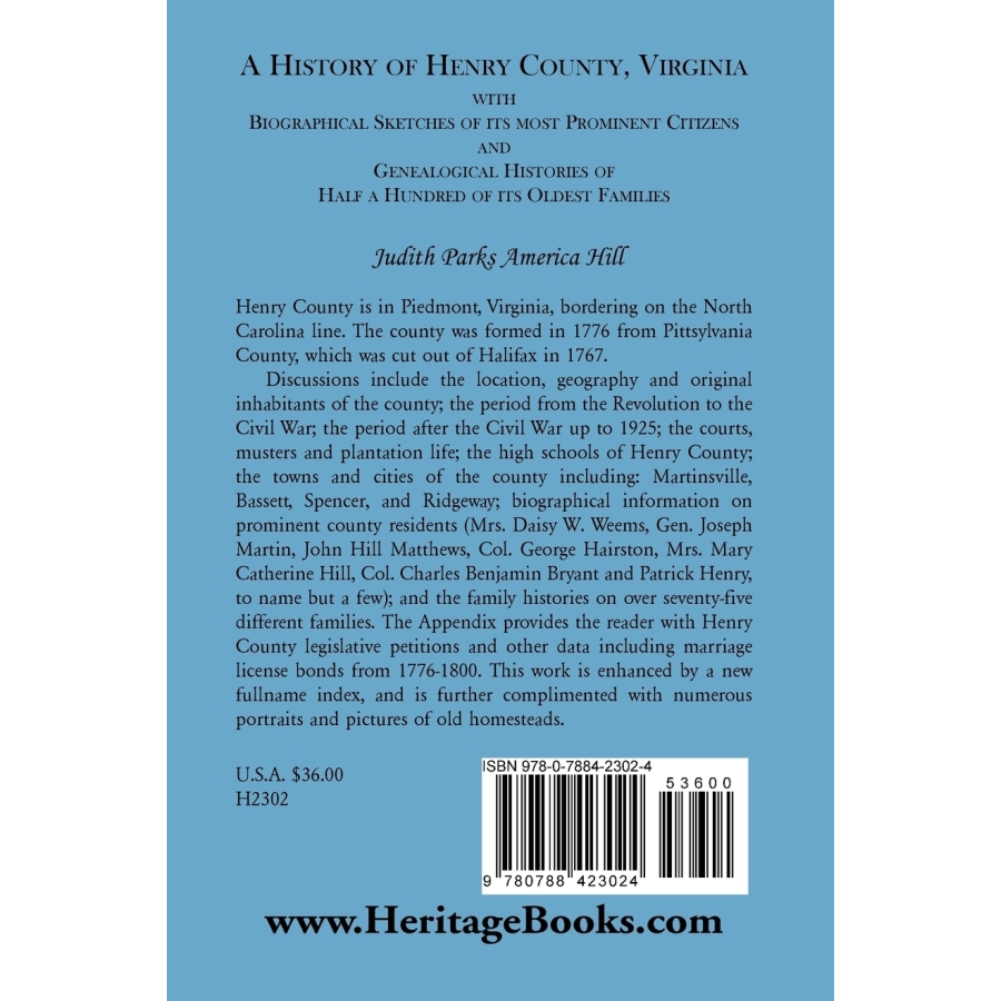 A History of Henry County, Virginia back cover