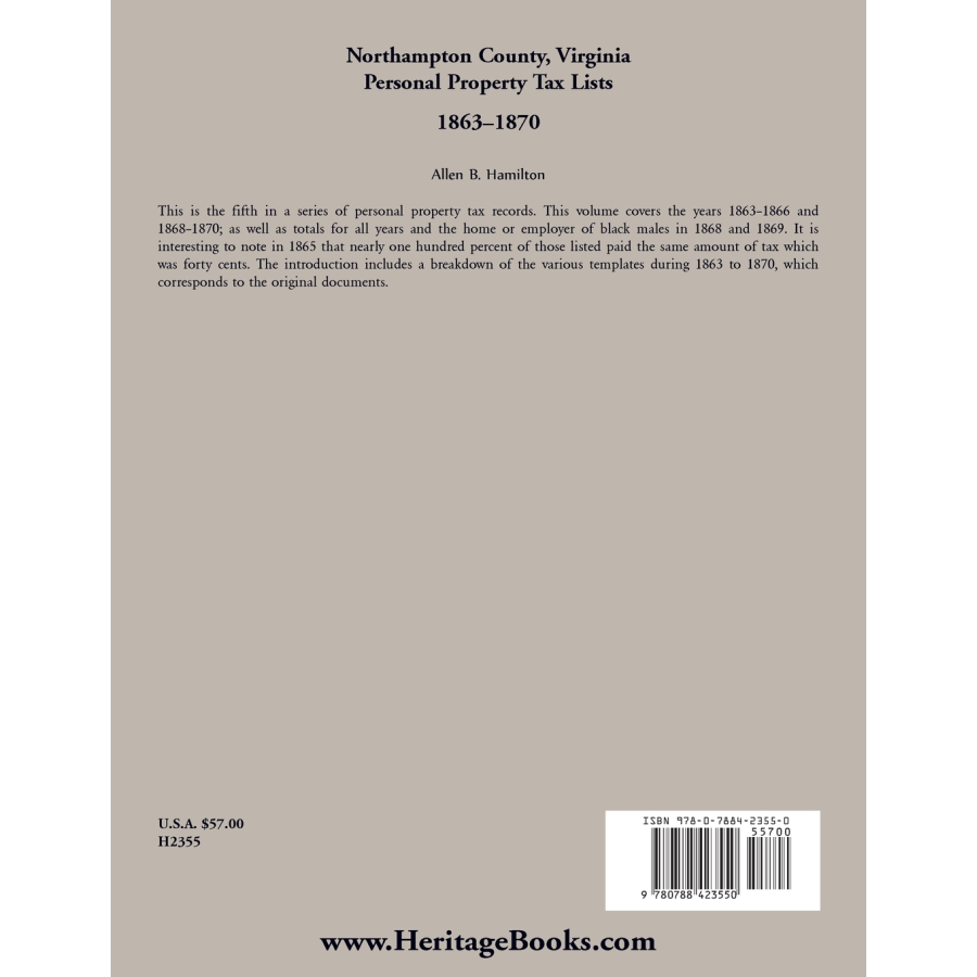 Northampton County, Virginia Personal Property Tax Lists, 1863-1870 back cover