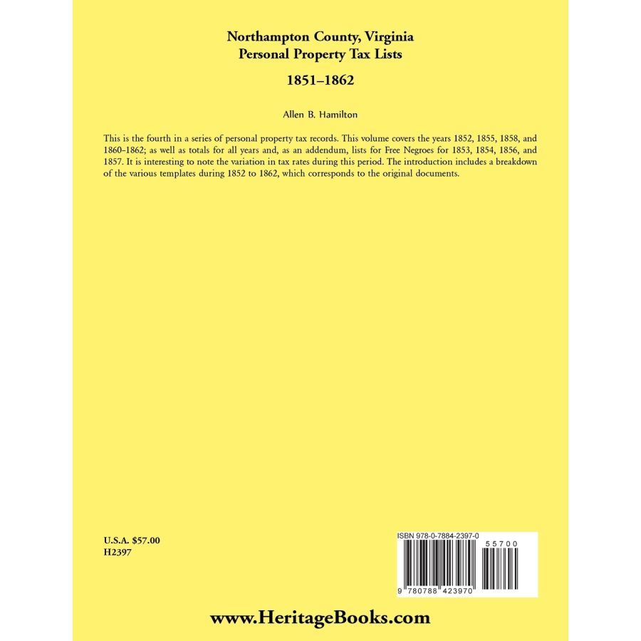 Northampton County, Virginia Personal Property Tax Lists, 1851-1862 back cover