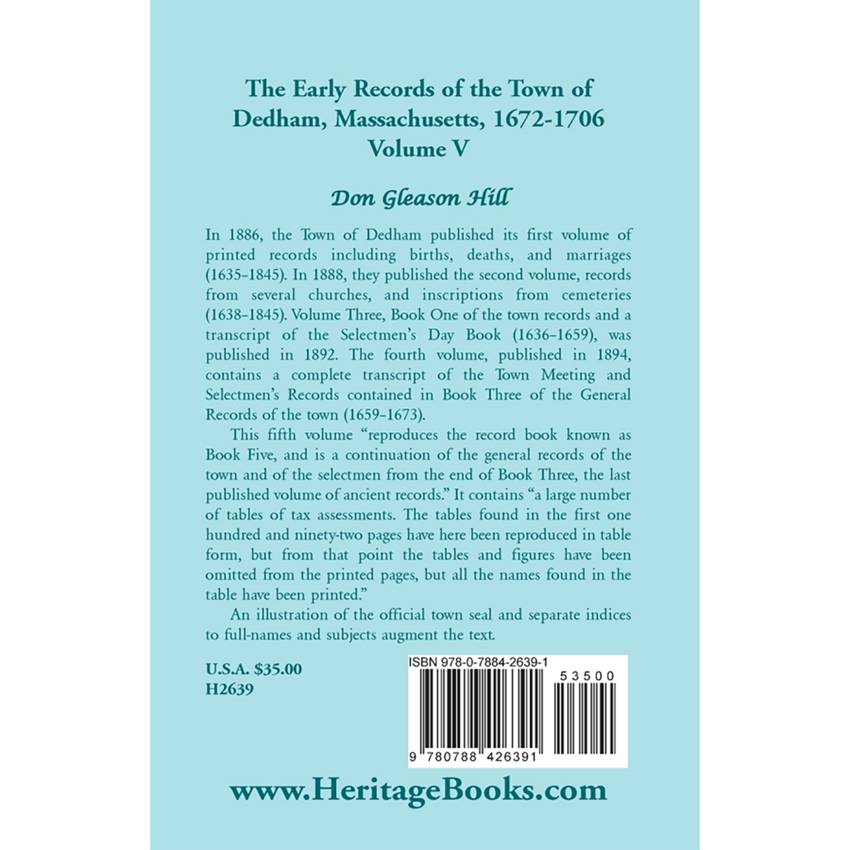 The Early Records of the Town of Dedham, Massachusetts, Volume V, 1672-1706 back cover