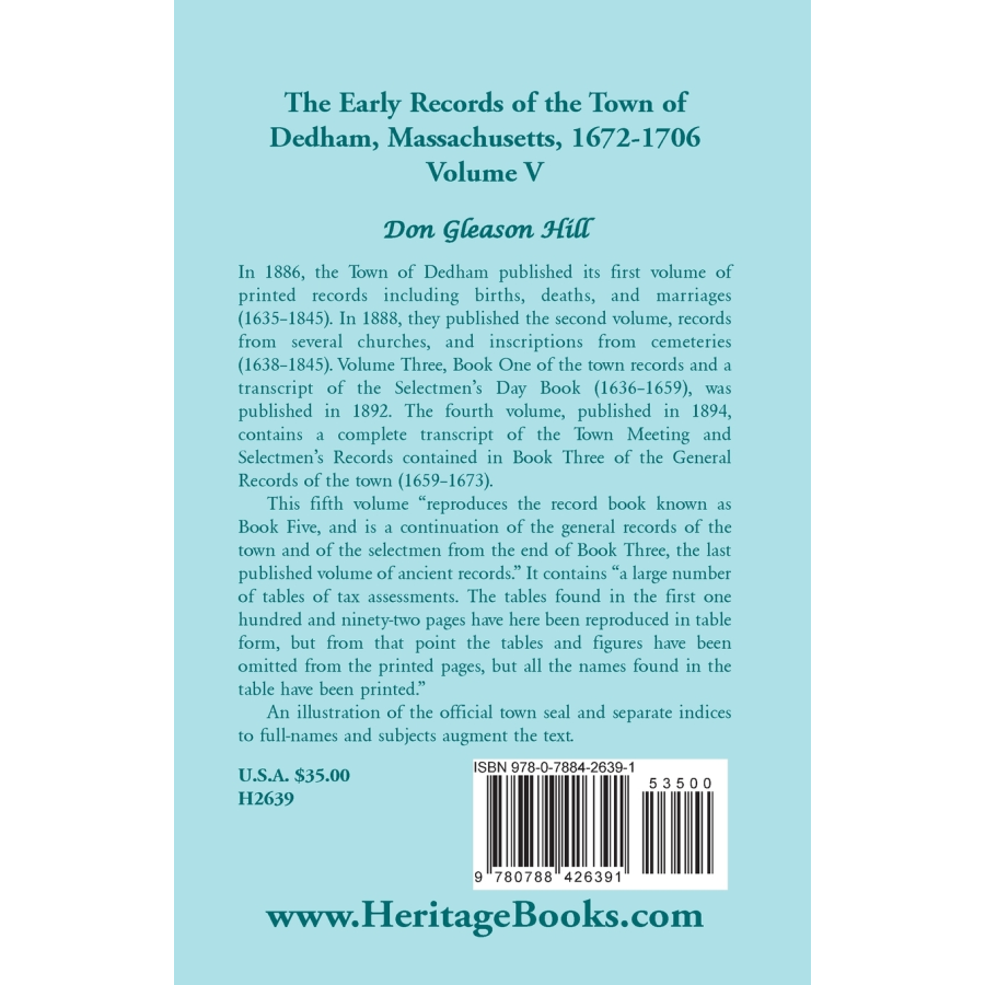 The Early Records of the Town of Dedham, Massachusetts, Volume V, 1672-1706 back cover