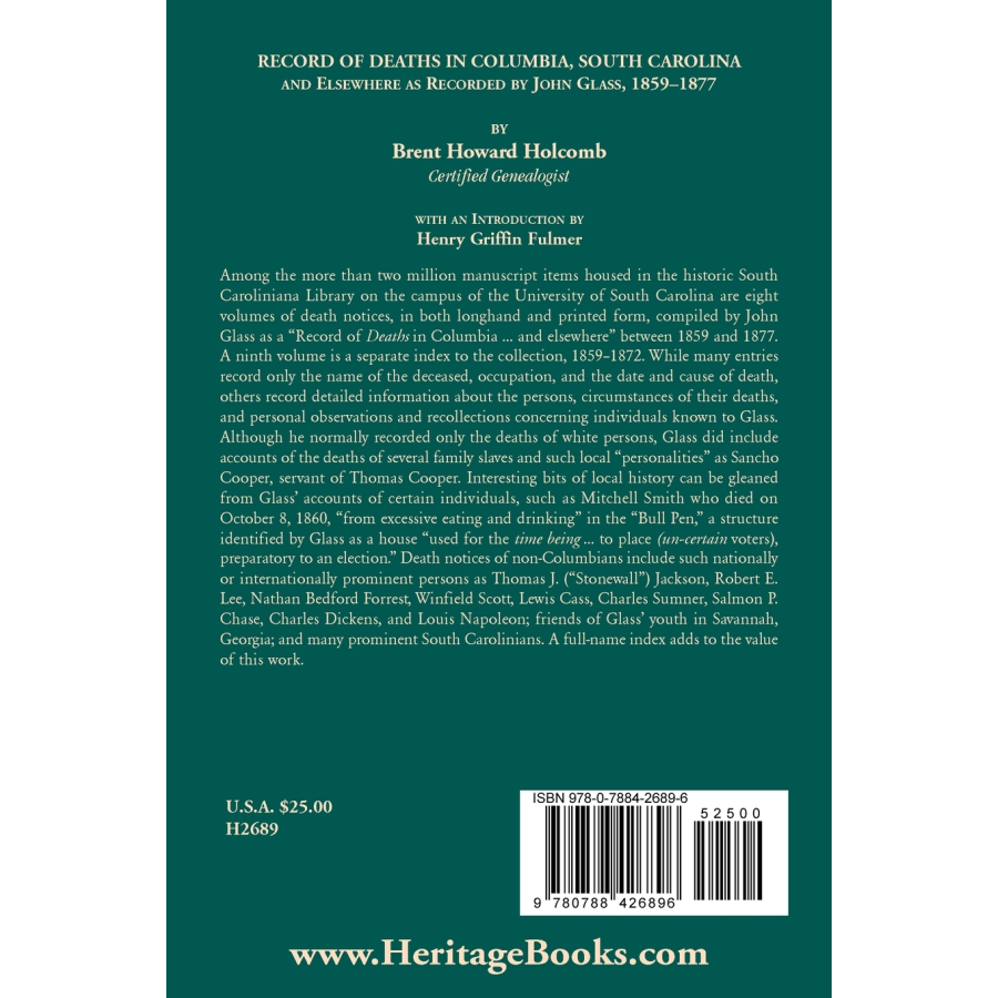 Record of Deaths in Columbia, South Carolina, and Elsewhere as Recorded by John Glass, 1859-1877 back cover