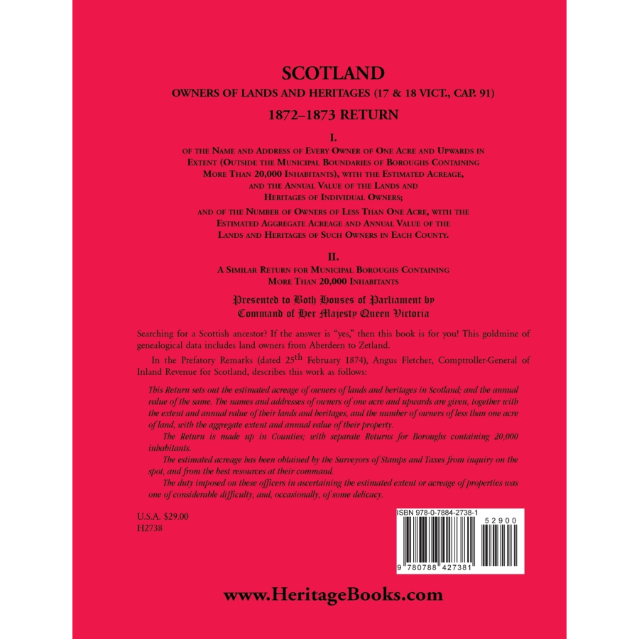 Scotland Owners of Lands and Heritages (17 and 18 Vict., Cap. 91) 1872-1873 Return back cover