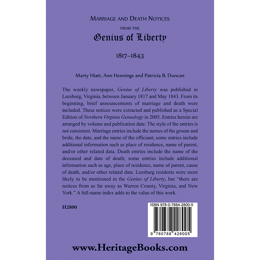 Marriage and Death Notices from the "Genius of Liberty", 1817-1843 back cover