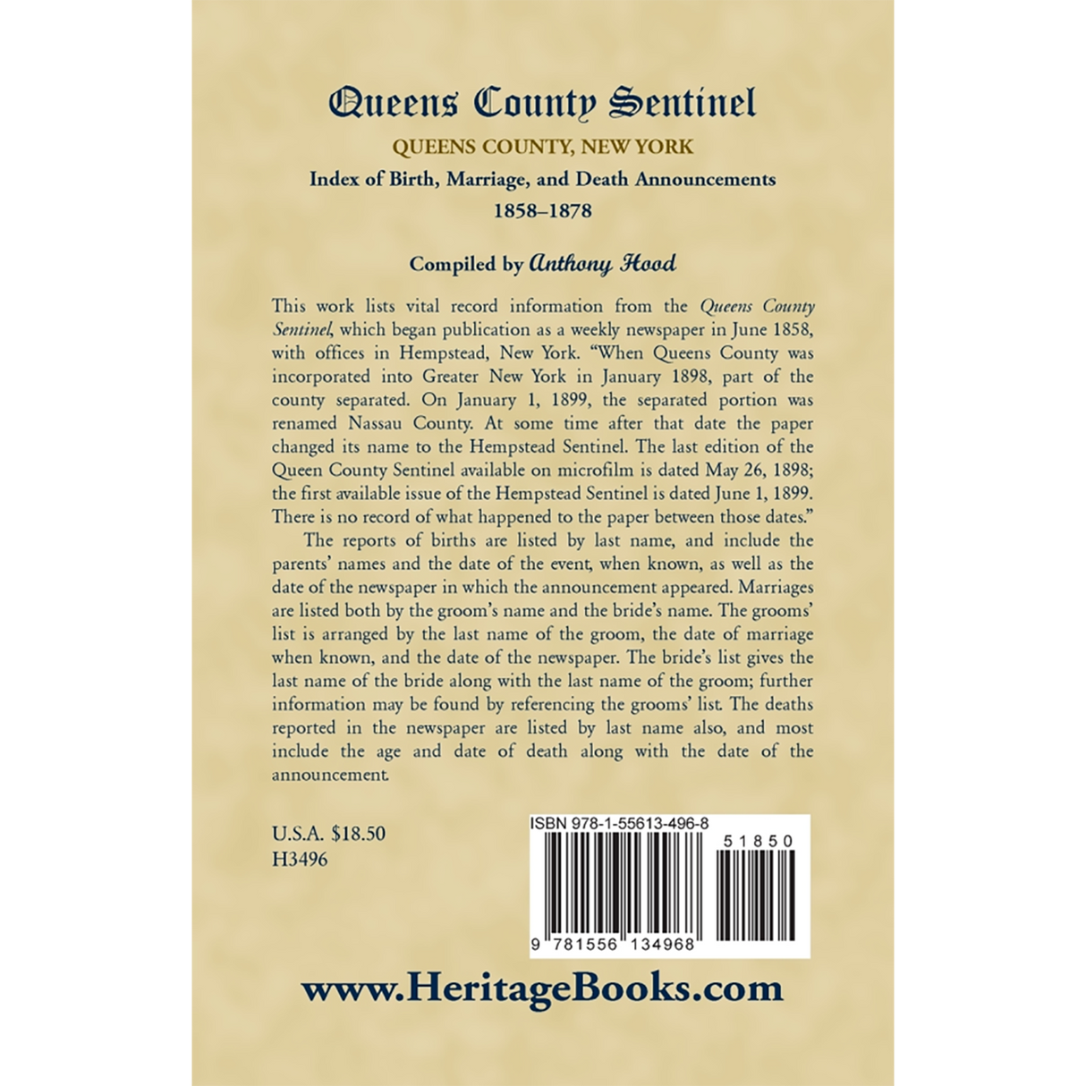 Queens County Sentinel, Queens County, New York, Index of Birth, Marriage, and Death Announcements, 1858-1878 back cover