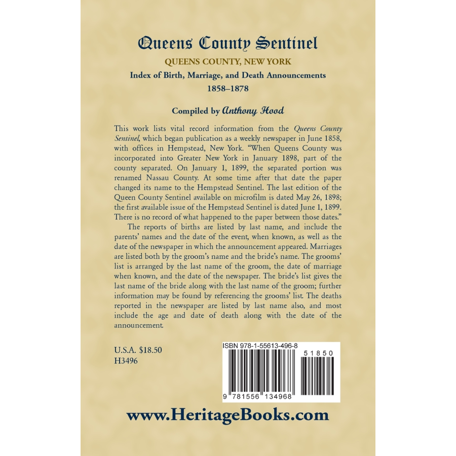 Queens County Sentinel, Queens County, New York, Index of Birth, Marriage, and Death Announcements, 1858-1878 back cover