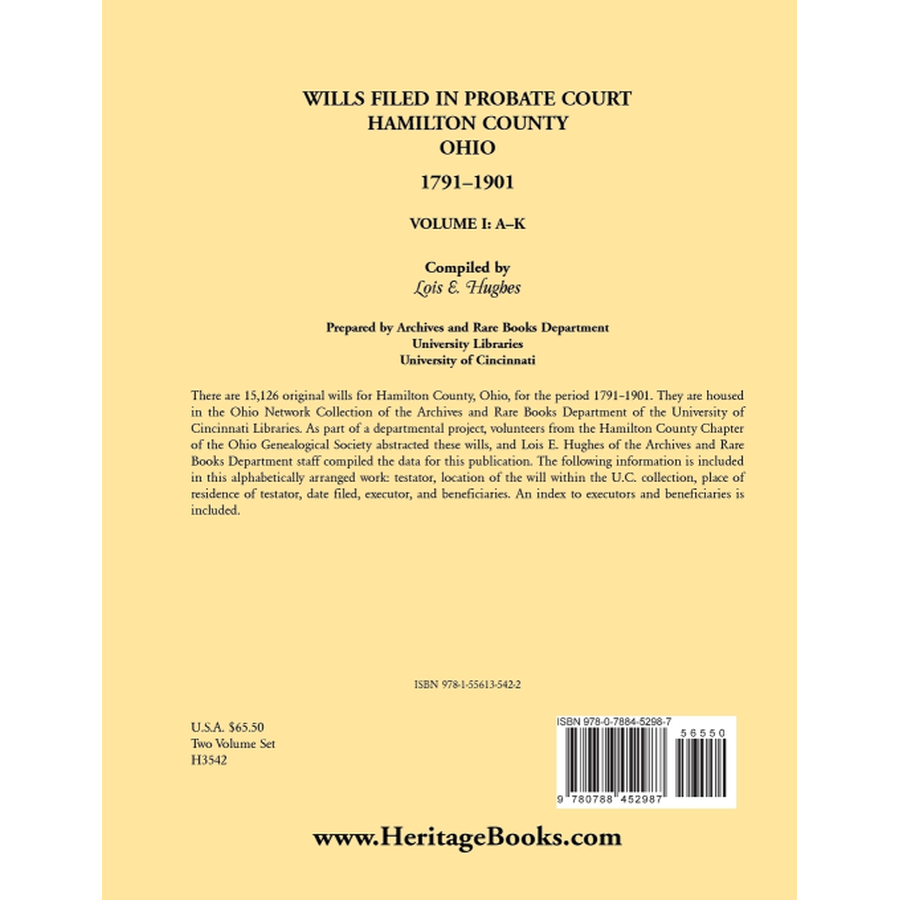 Wills Filed in Probate Court, Hamilton County, Ohio, 1791-1901 Volume 1 back cover