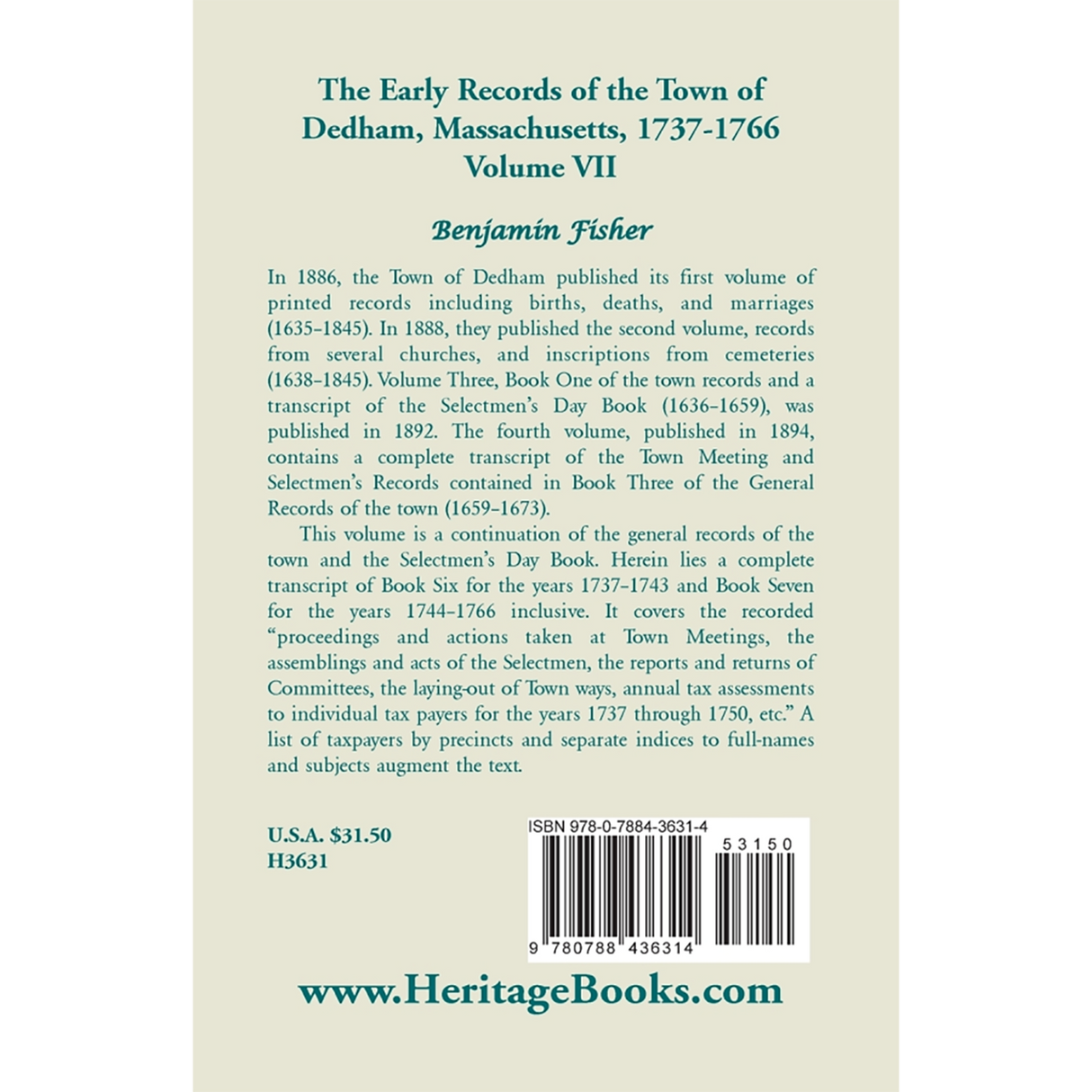 The Early Records of the Town of Dedham, Massachusetts, Volume VII: 1737-1766 back cover