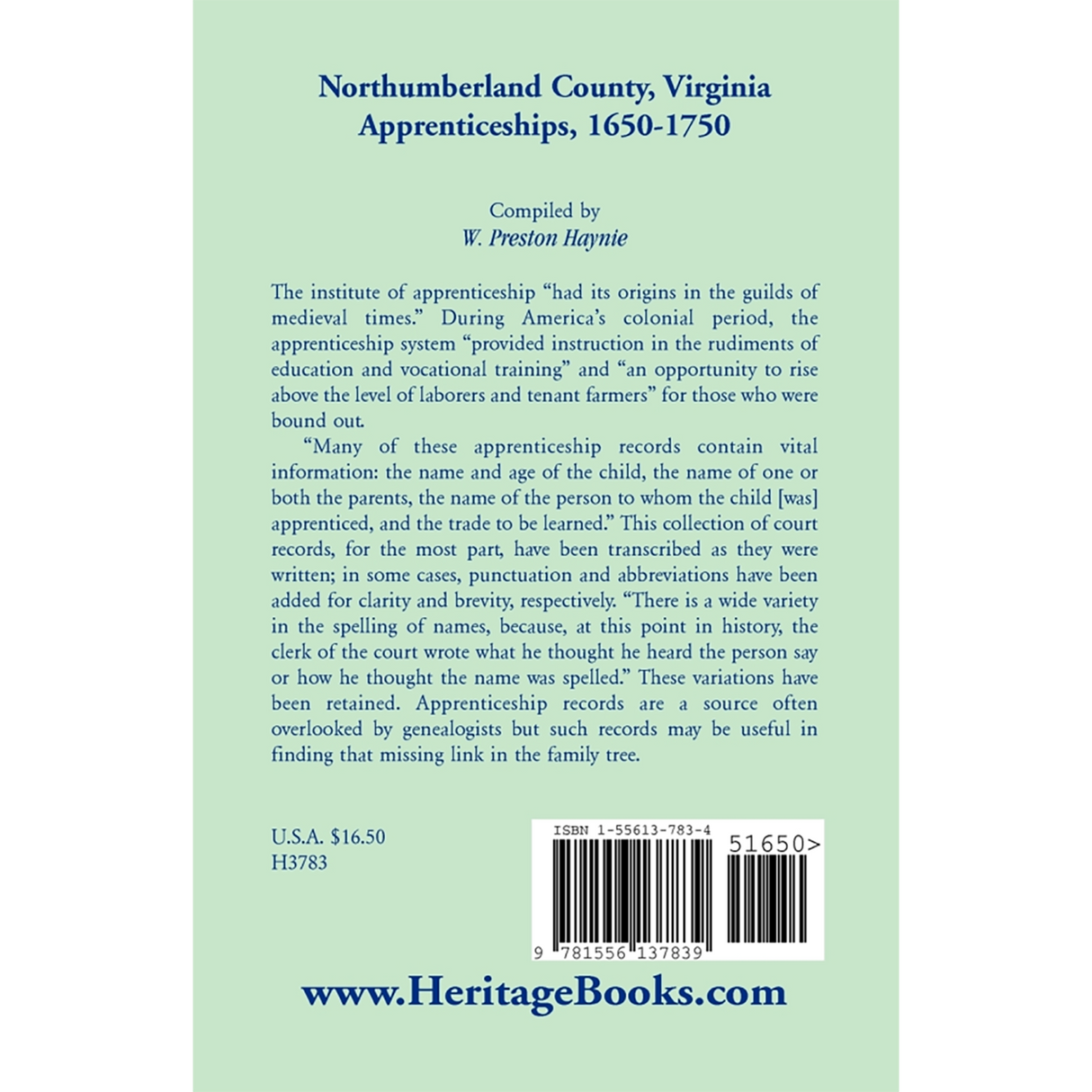 Northumberland County, Virginia Apprenticeships, 1650-1750 back cover