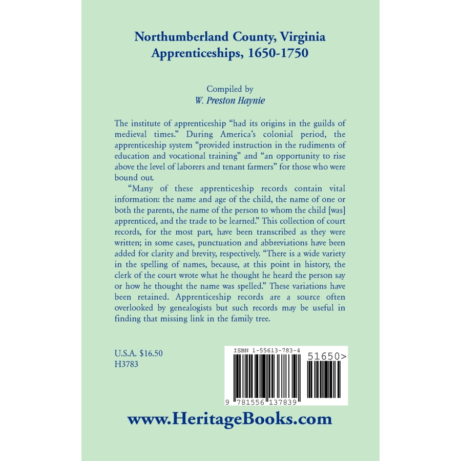 Northumberland County, Virginia Apprenticeships, 1650-1750 back cover