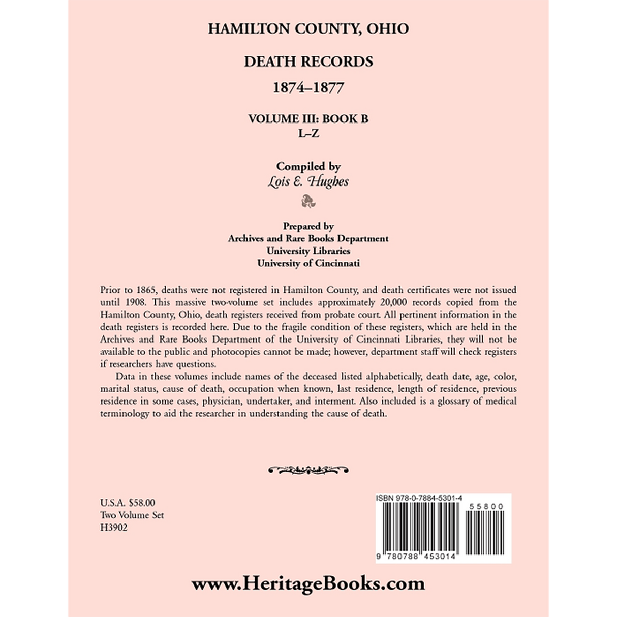 Hamilton County, Ohio Death Records Volume III 1874-1877 Part B back cover