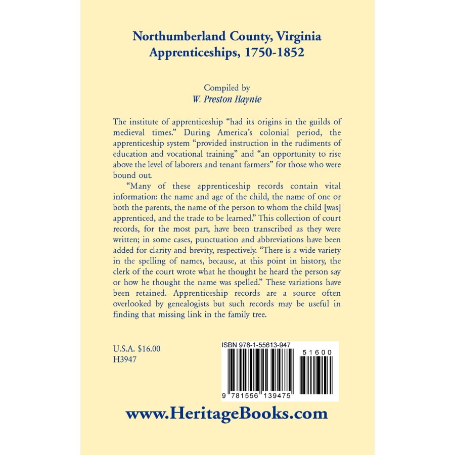 Northumberland County, Virginia Apprenticeships, 1750-1852 back cover