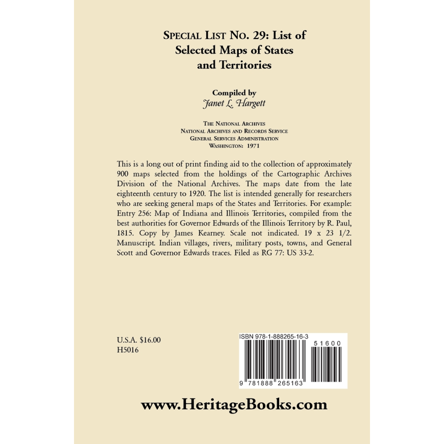 Special List 29: List of Selected Maps and States and Territories back cover