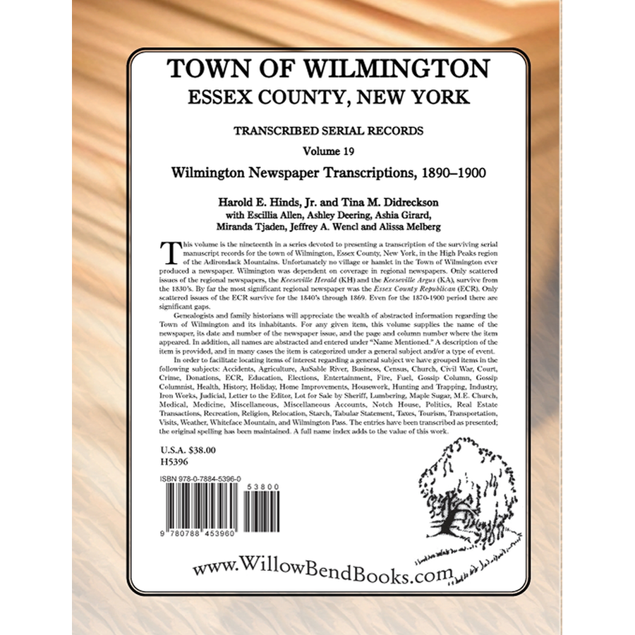 Town of Wilmington, Essex County, New York Transcribed Serial Records, Volume 19: Wilmington Newspaper Transcriptions, 1890-1900 back cover