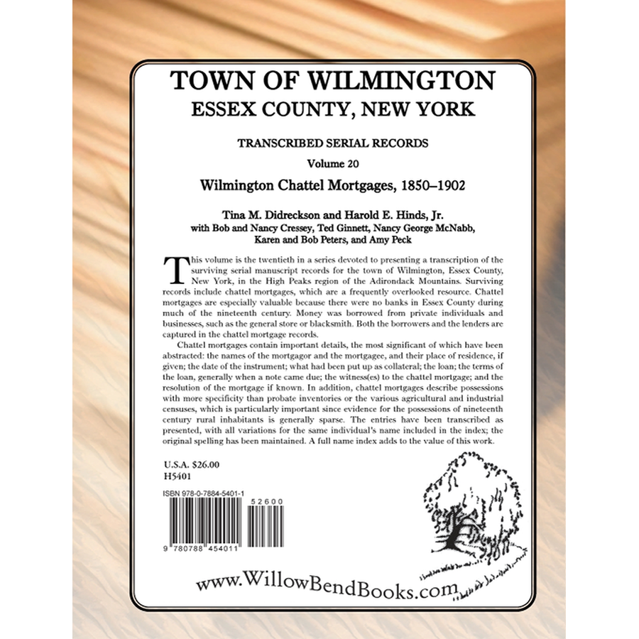 Town of Wilmington, Essex County, New York Transcribed Serial Records, Volume 20: Wilmington Chattel Mortgages, 1850-1902 back cover