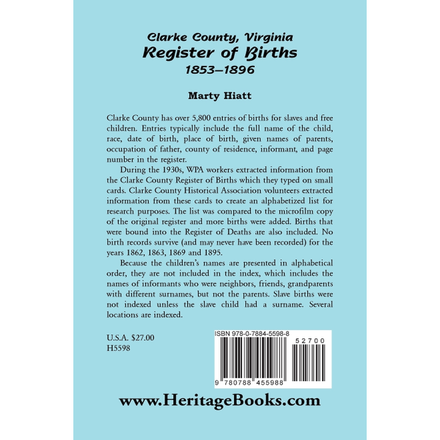 Clarke County, Virginia Register of Births, 1853-1896 back cover
