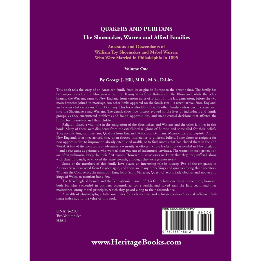 Quakers and Puritans: The Shoemaker, Warren and Allied Families, Volume I back cover