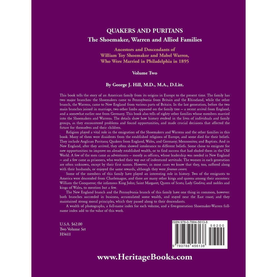 Quakers and Puritans: The Shoemaker, Warren and Allied Families, Volume II back cover