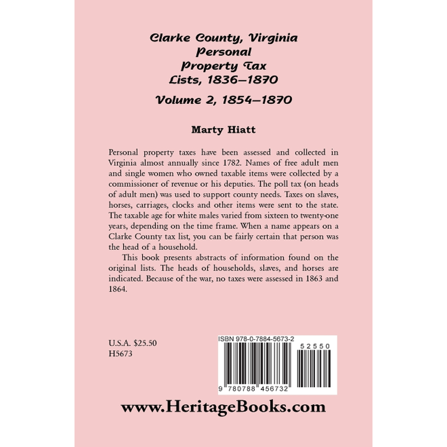 Clarke County, Virginia Personal Property Tax Lists: Volume 2, 1854-1870 back cover