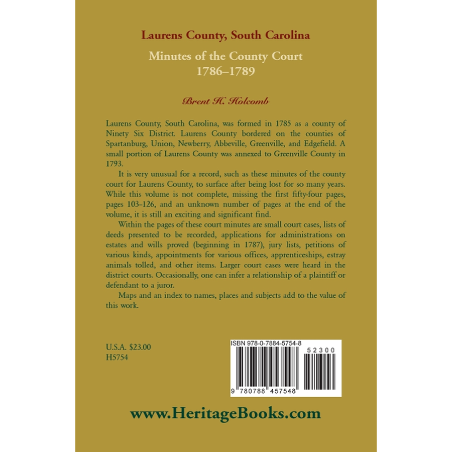 Laurens County, South Carolina, Minutes of the County Court, 1786-1789 back cover