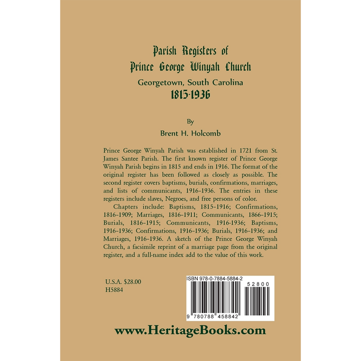Parish Registers of Prince George Winyah Church, Georgetown, South Carolina, 1815-1936 back cover
