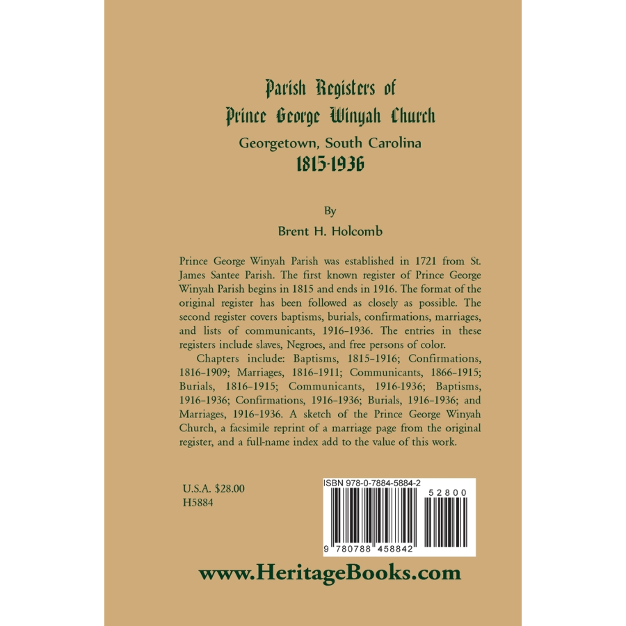 Parish Registers of Prince George Winyah Church, Georgetown, South Carolina, 1815-1936 back cover
