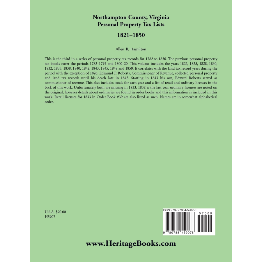 Northampton County, Virginia Personal Property Tax Lists, 1821-1850 back cover