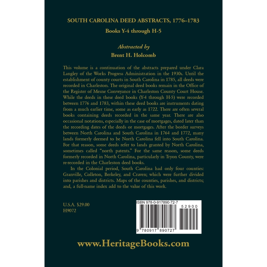South Carolina Deed Abstracts, Books Y-4 through H-5, 1776-1783 back cover