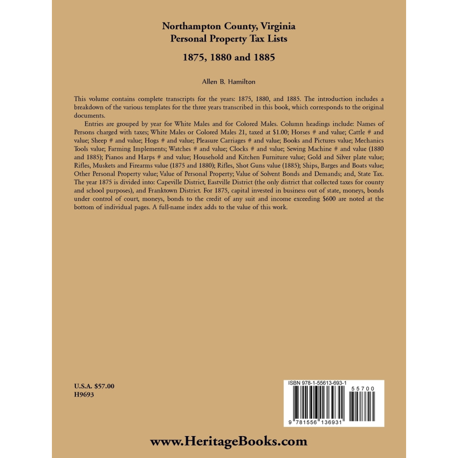 Northampton County, Virginia Personal Property Tax Lists, 1875, 1880 and 1885 back cover