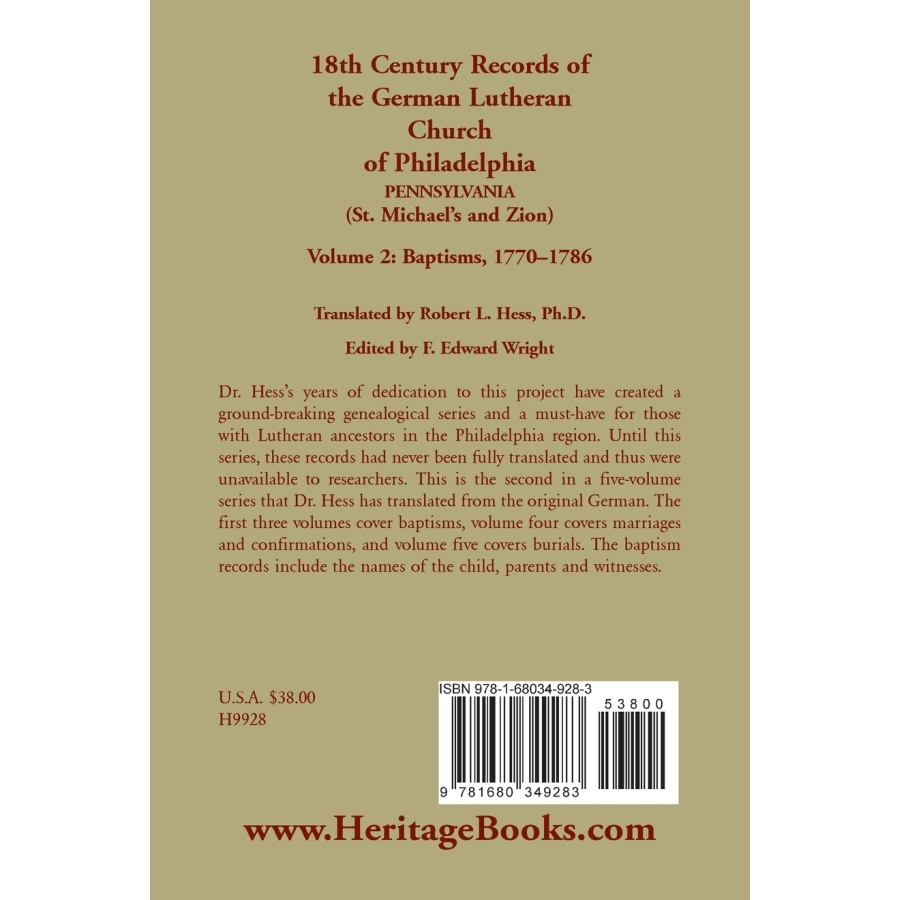 18th Century Records of the German Lutheran Church at Philadelphia, Pennsylvania (St. Michael's and Zion): Volume 2, Baptisms 1770-1786 back cover