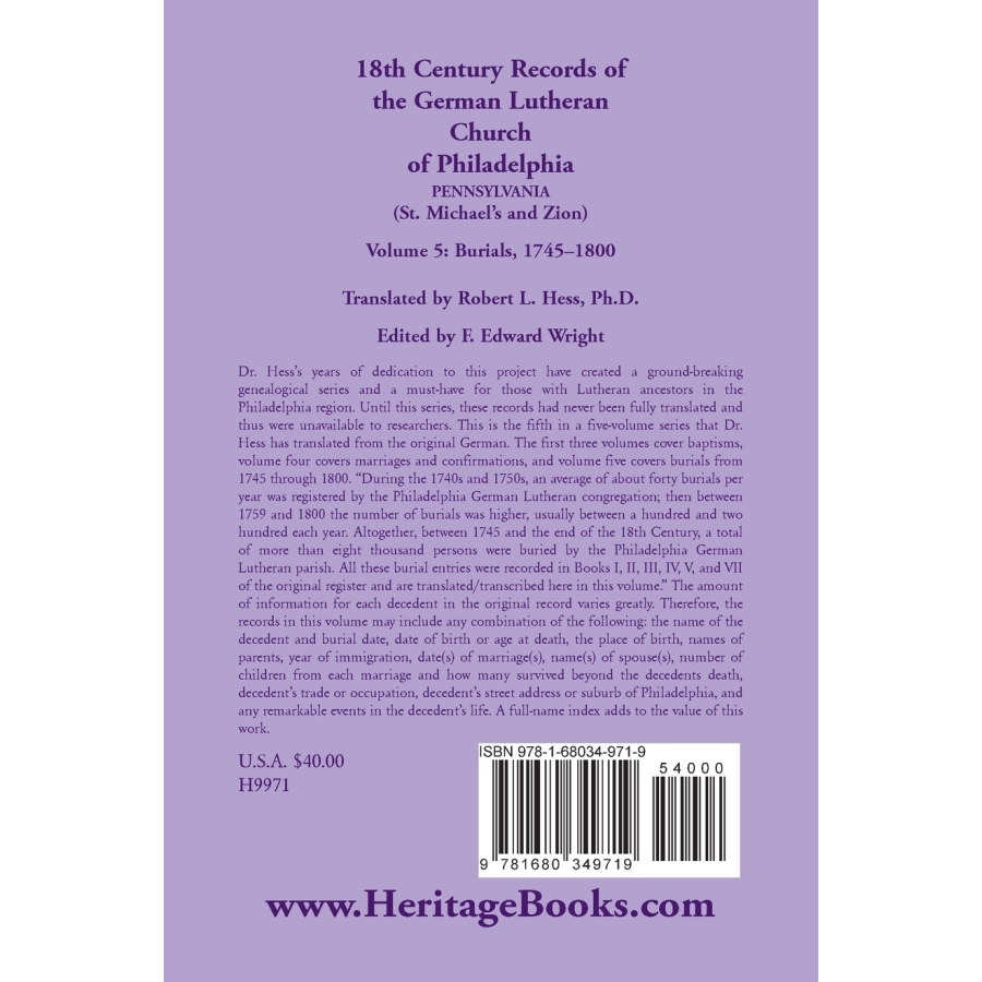 18th Century Records of the German Lutheran Church at Philadelphia, Pennsylvania (St. Michael's and Zion): Volume 5, Burials back cover