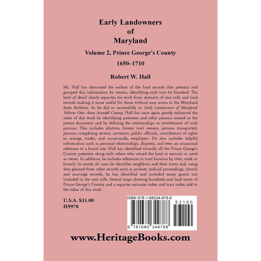 Early Landowners of Maryland, Volume 2: Prince George's County, 1650-1710 back cover
