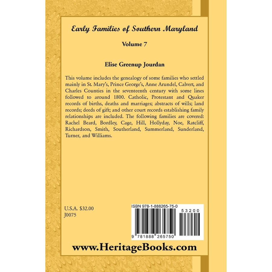 Early Families of Southern Maryland: Volume 7 back cover