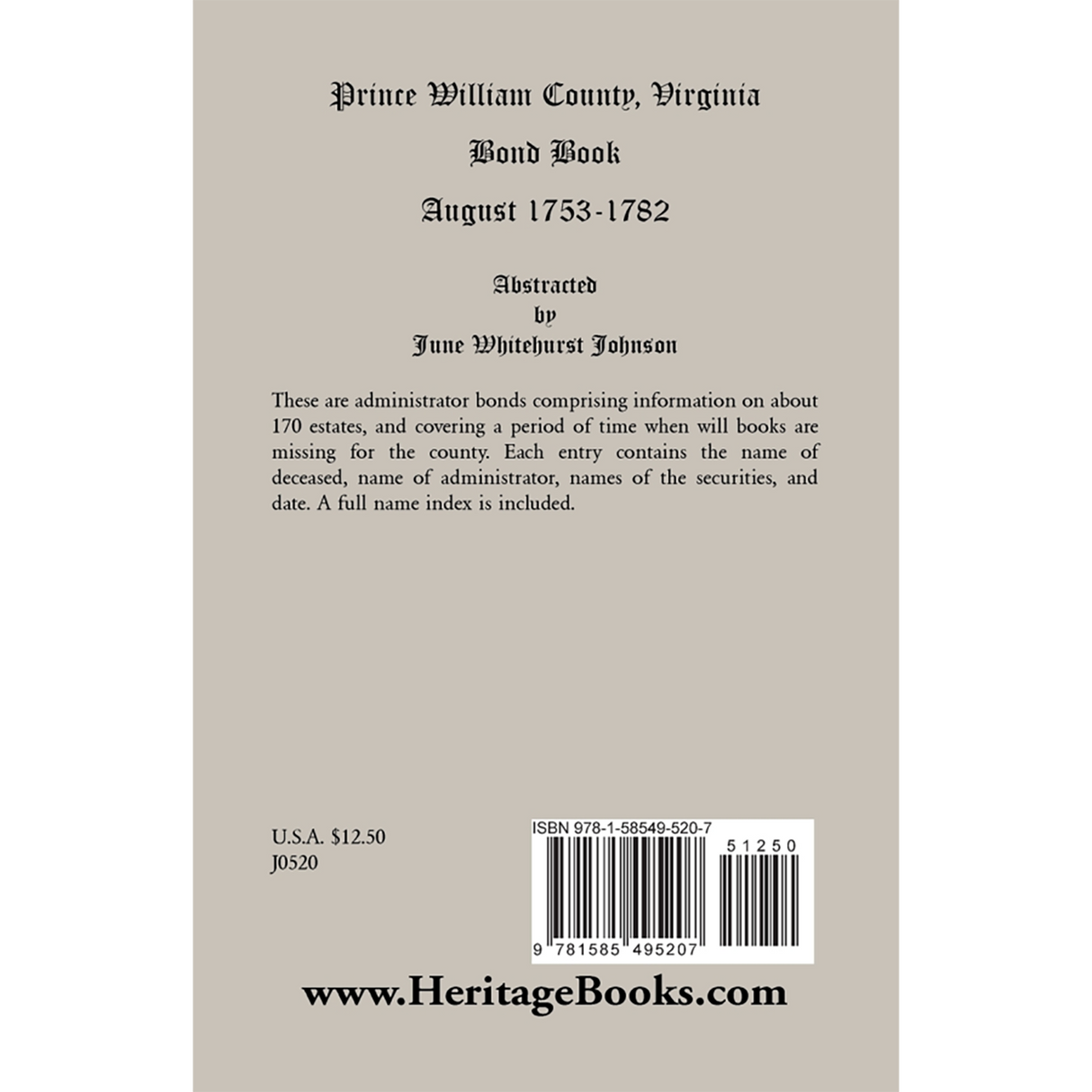 Prince William County, Virginia Bond Book, August 1753-1782 back cover