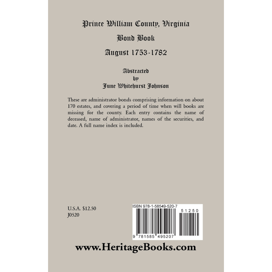 Prince William County, Virginia Bond Book, August 1753-1782 back cover