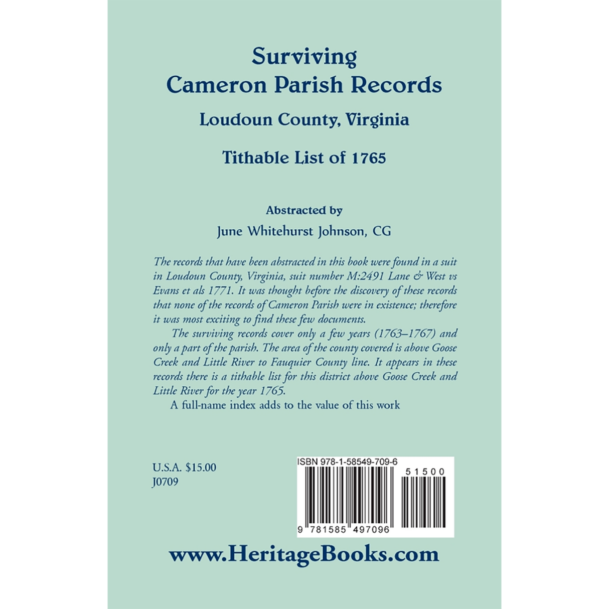Surviving Cameron Parish Records, Loudoun County, Virginia: Tithable List of 1765 back cover