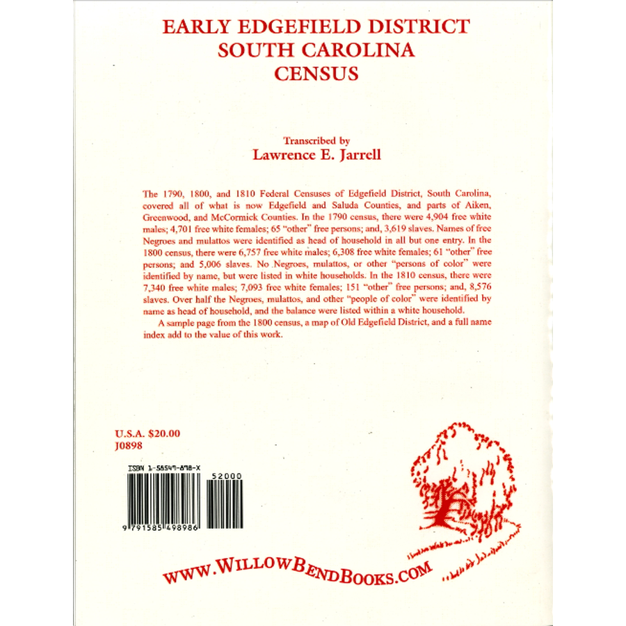 Early Edgefield District, South Carolina Censuses back cover