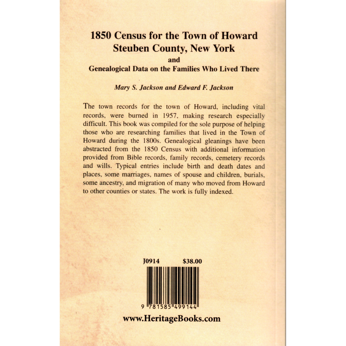 1850 Census for the Town of Howard, Steuben County, New York and Genealogical Data on the Families Who Lived There back cover