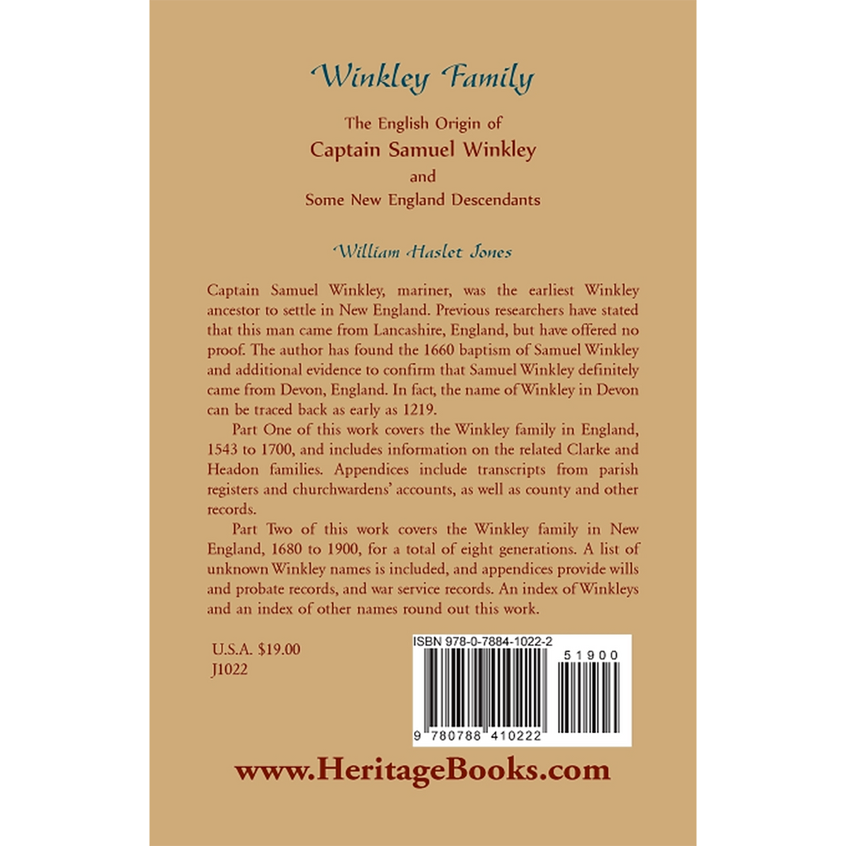 Winkley Family: The English Origin of Captain Samuel Winkley and Some New England Descendants back cover