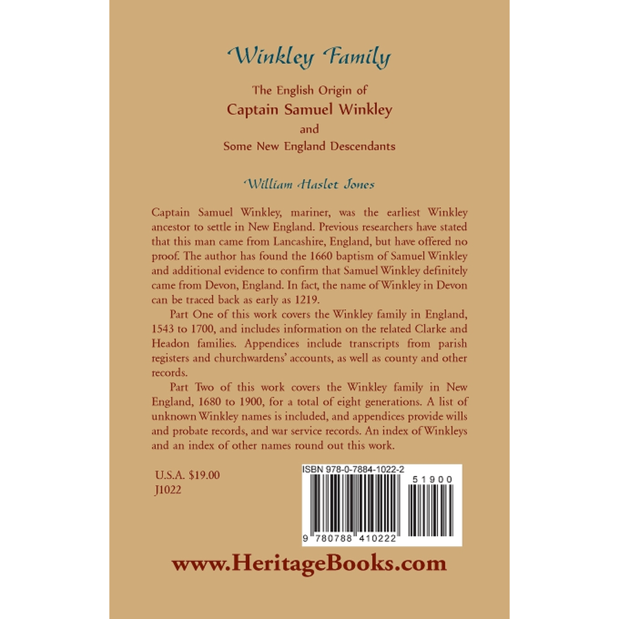 Winkley Family: The English Origin of Captain Samuel Winkley and Some New England Descendants back cover