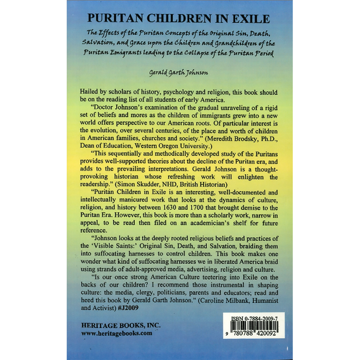 Puritan Children in Exile back cover