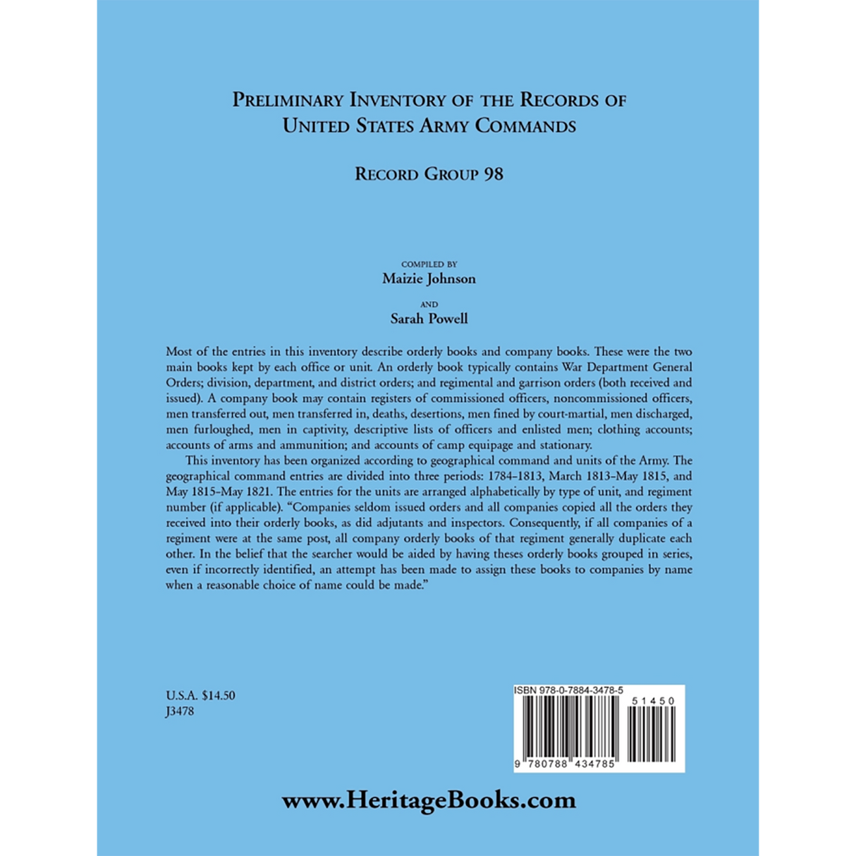 Preliminary Inventory of the Records of United States Army Commands, Record Group 98 back cover