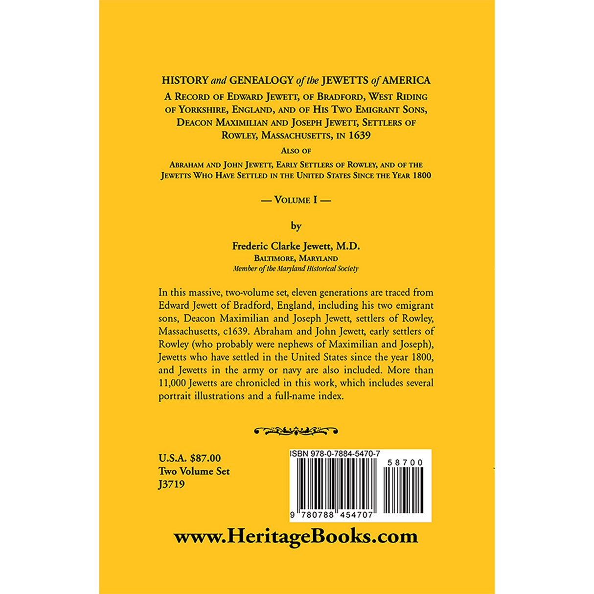 History and Genealogy of the Jewetts of America, Volume 1 back cover