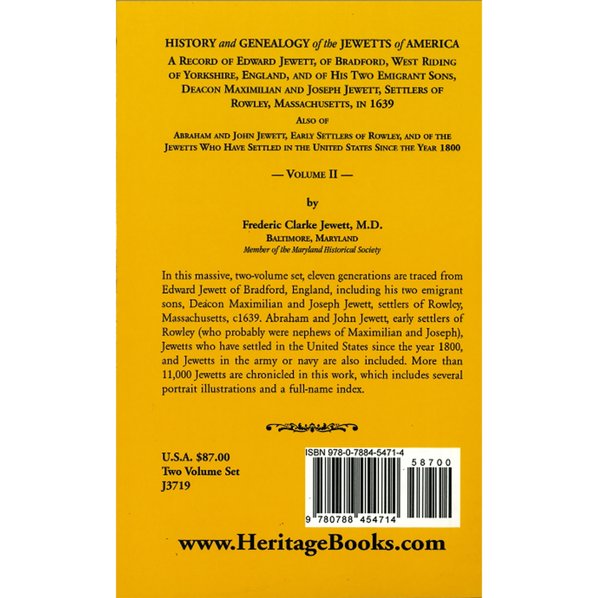 History and Genealogy of the Jewetts of America, Volume 2 back cover