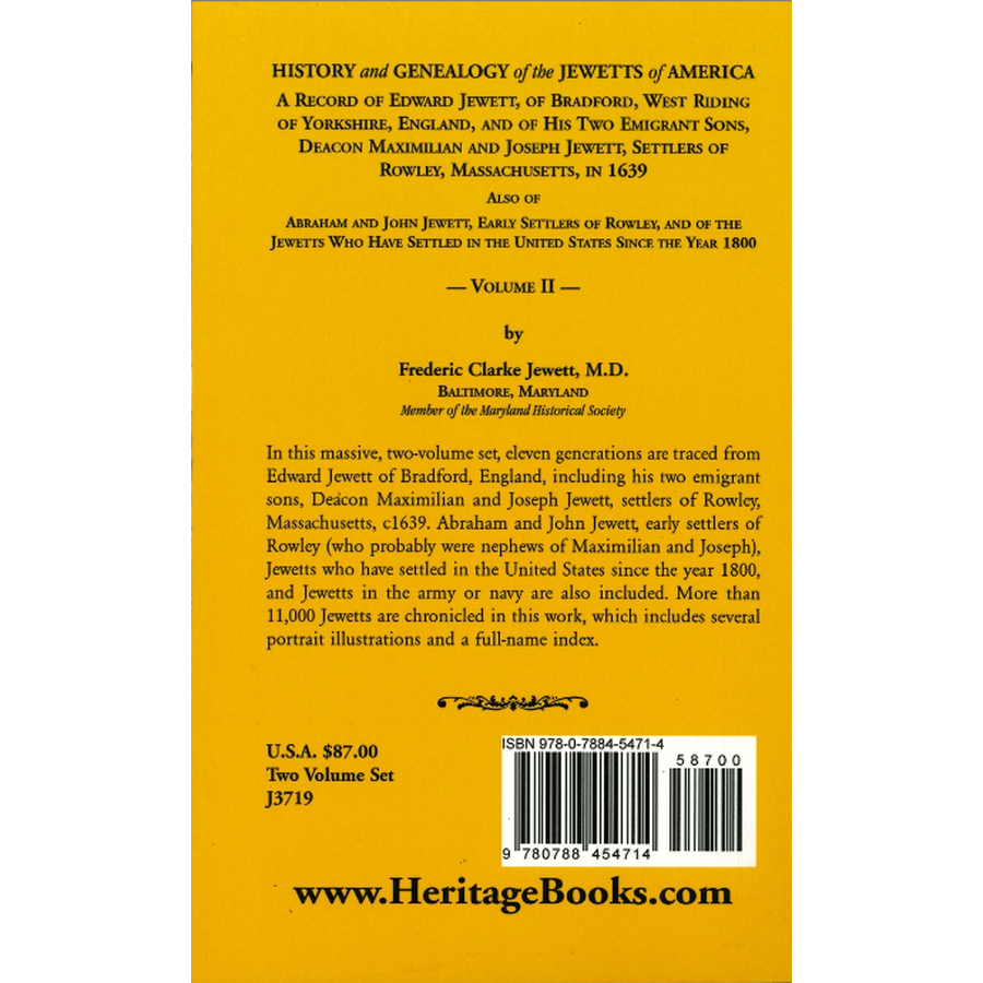 History and Genealogy of the Jewetts of America, Volume 2 back cover