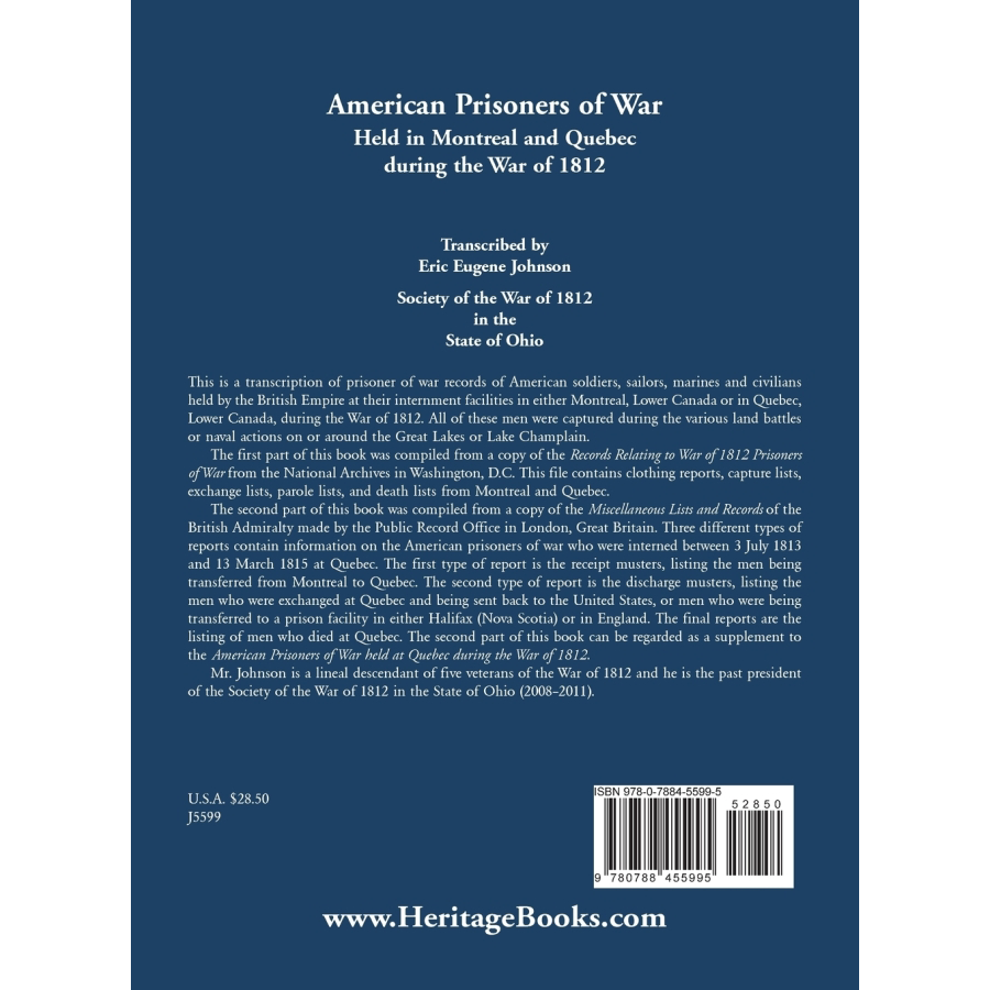 American Prisoners of War held in Montreal and Quebec during the War of 1812 back cover